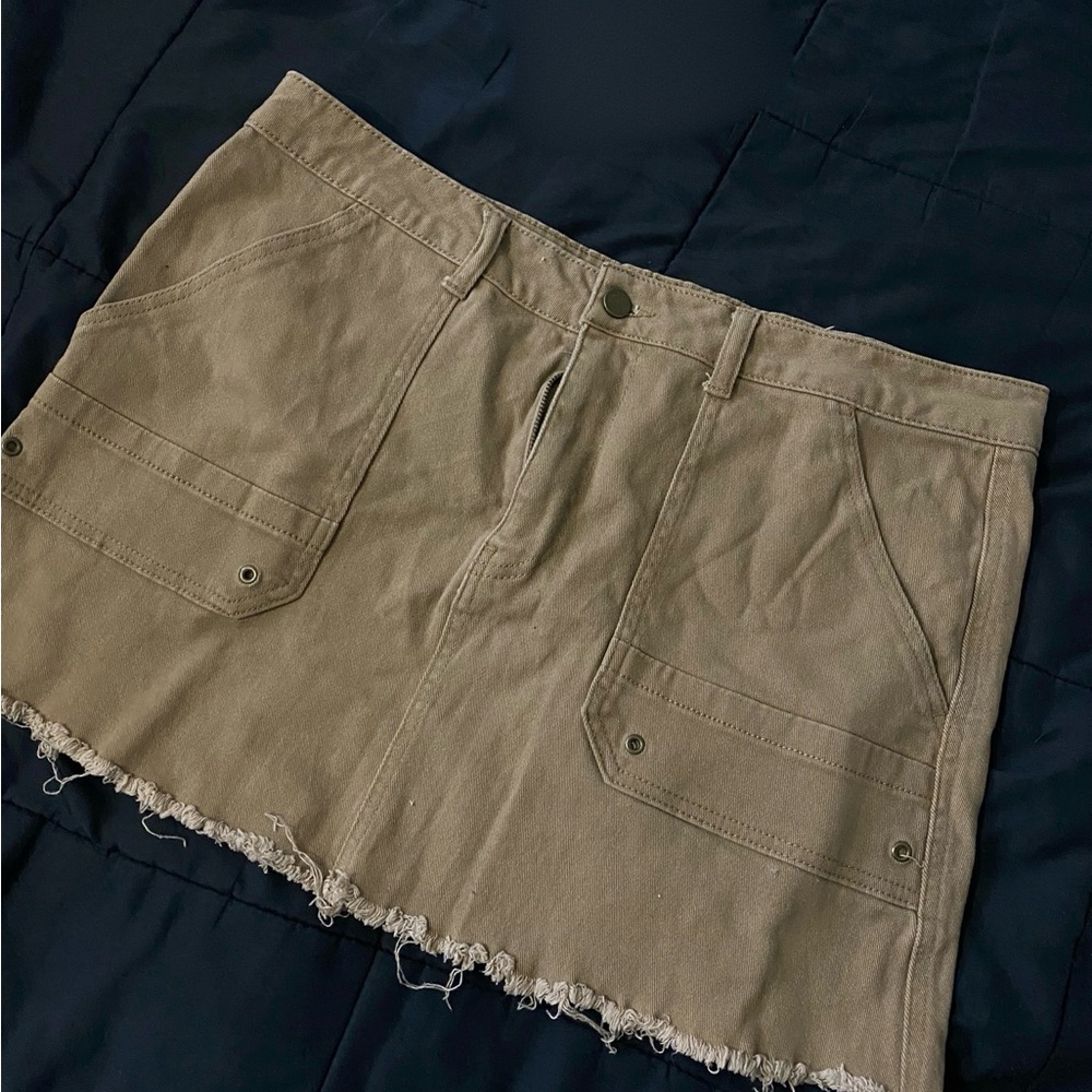 Khaki Frayed Hem Mini Skirt